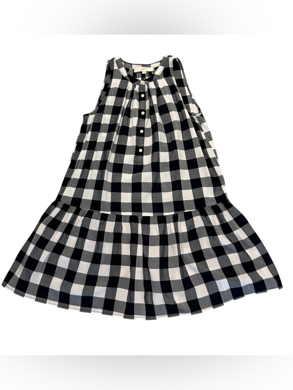 LOFT Navy & White Buffalo Check  Sleeveless Drop Waist Dress